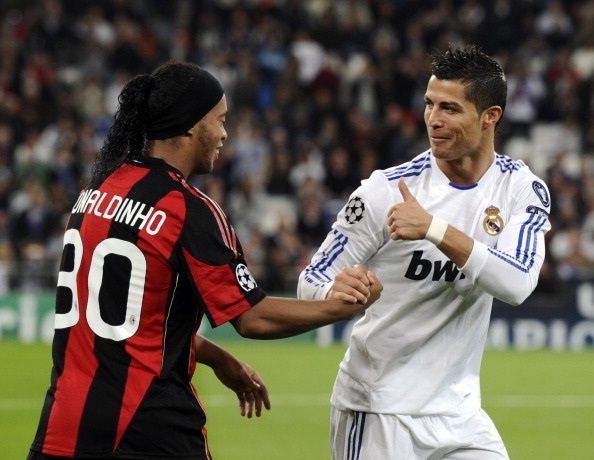 Ronaldinho and Cristiano Ronaldo during a UEFA Cha